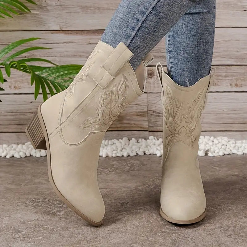 Stylish women's heeled Western cowgirl boots. Features classic embroidery & durable textured finish. Versatile fashion.