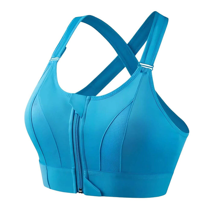 Showcasing the flexibility of a women's high-support sports bra in action.