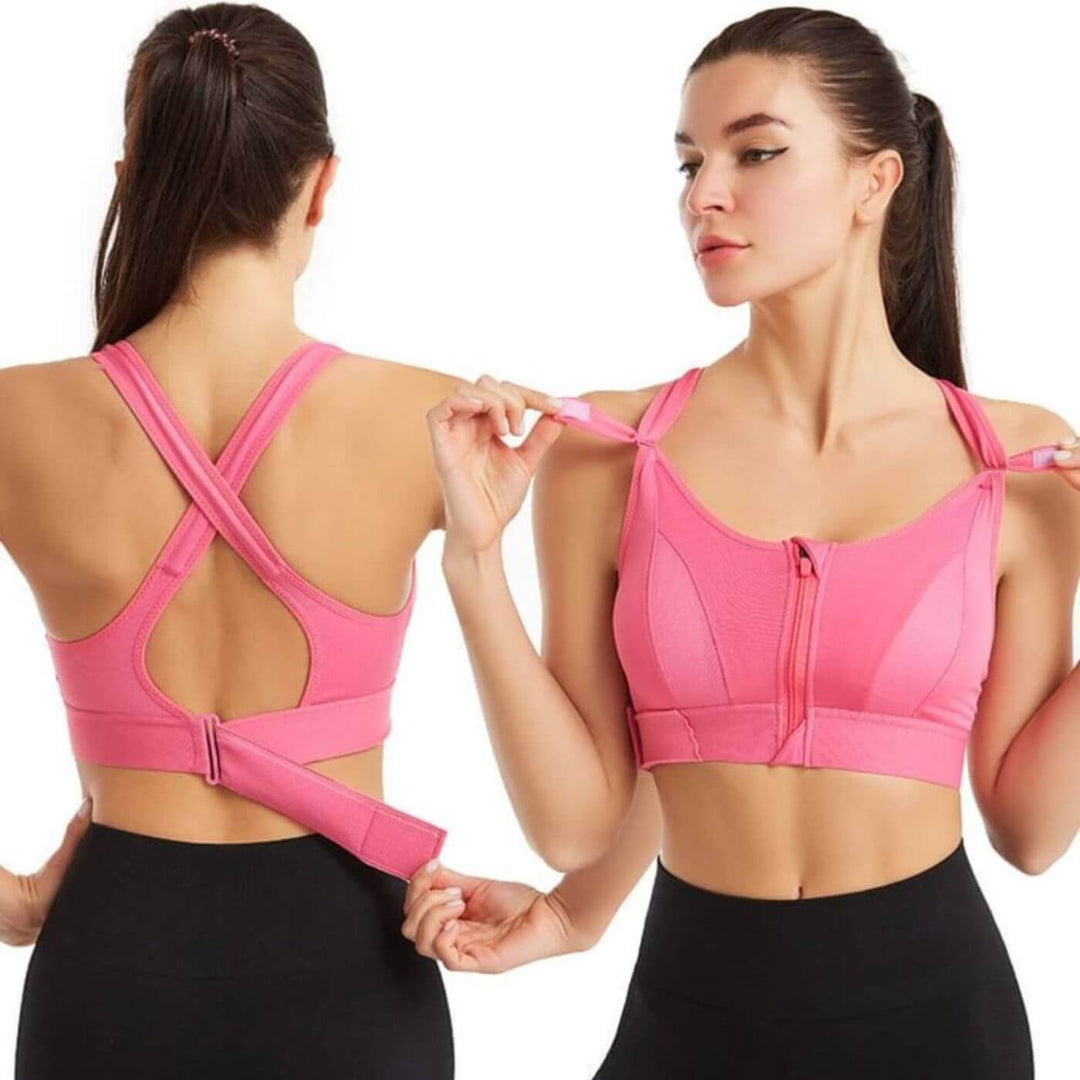 Detail of the supportive straps on a women's high-impact sports bra.