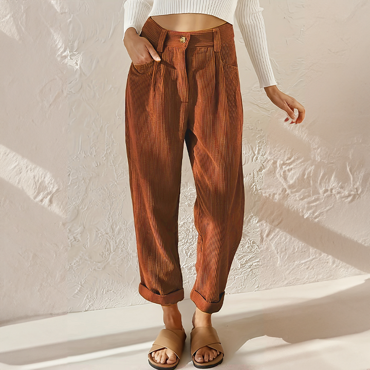 Stylish grey women's high waist tapered leg trousers, ideal for a comfortable, relaxed fit.