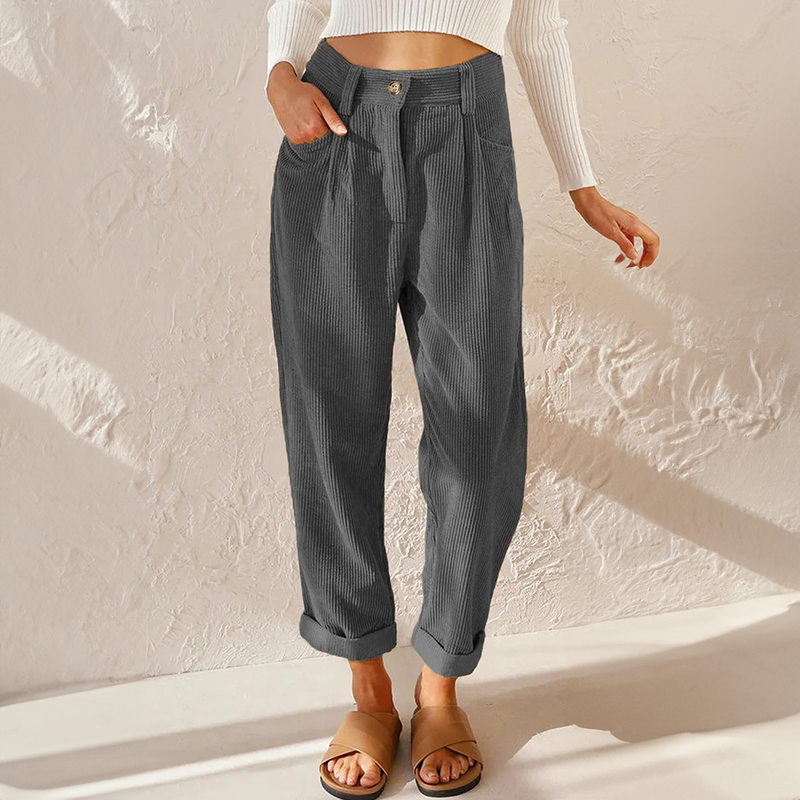 Effortless blue women's high waist tapered leg pants, a versatile choice for any casual look.