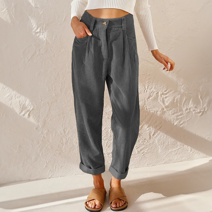Effortless blue women's high waist tapered leg pants, a versatile choice for any casual look.