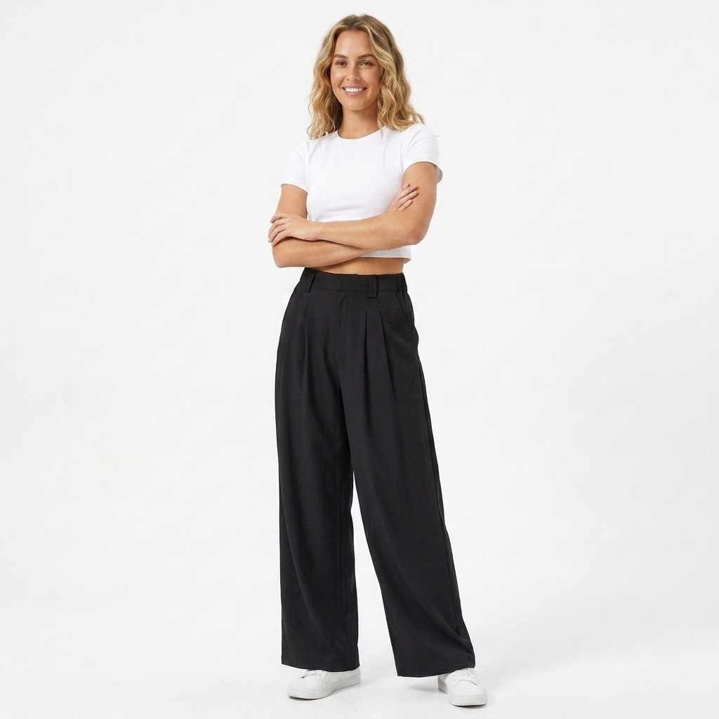 Stylish women's wide-leg trousers, high-waisted design for versatile fashion; great as work pants or casual chic.