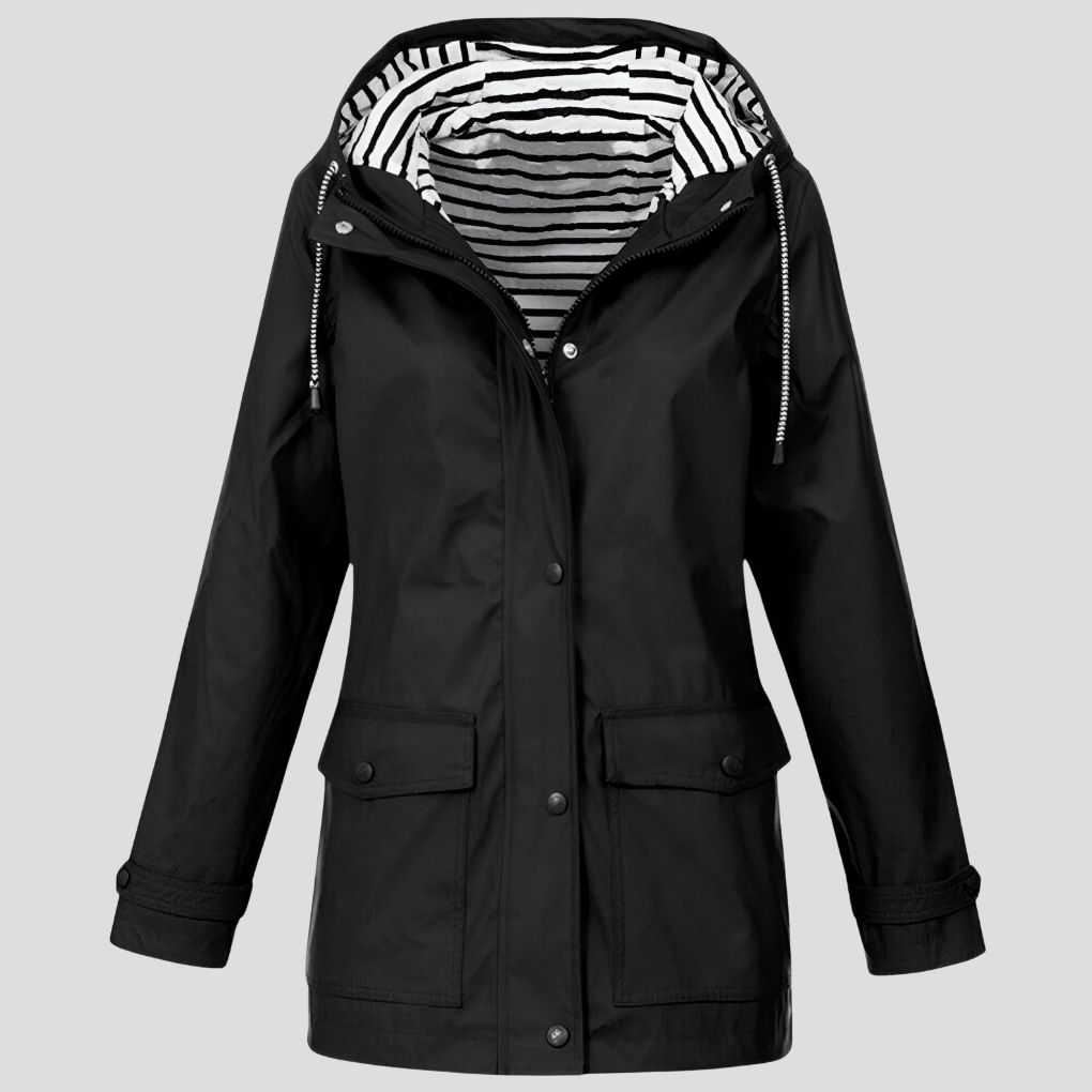 Lightweight women's rain jacket with hood, perfect for travel and active wear