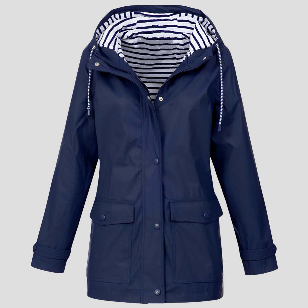 Durable women's outdoor jacket, water-resistant and wind-resistant, featuring a hood