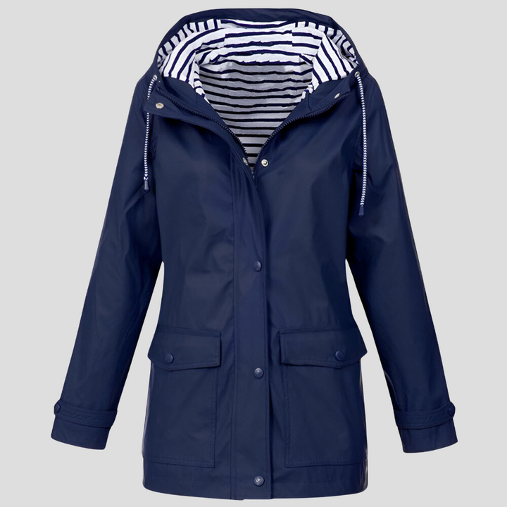 Durable women's outdoor jacket, water-resistant and wind-resistant, featuring a hood