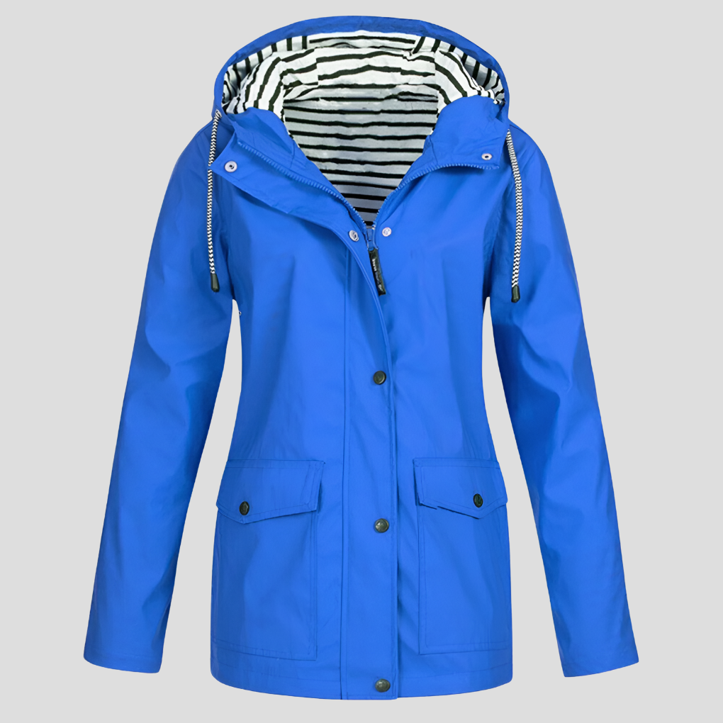 Stylish women's hooded jacket for hiking and travel, offering water and wind protection