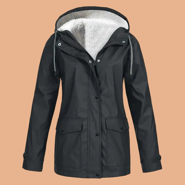 Women's hooded mid-length utility jacket in navy blue, perfect for winter.