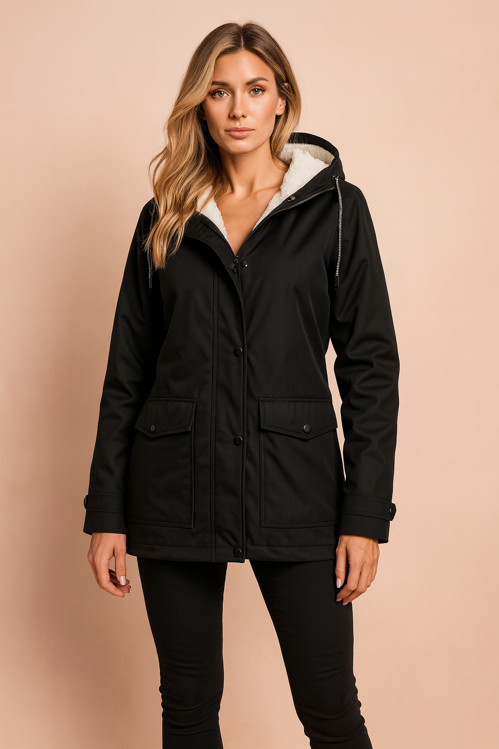 Close-up on the durable material of a women's mid-length hooded utility jacket.