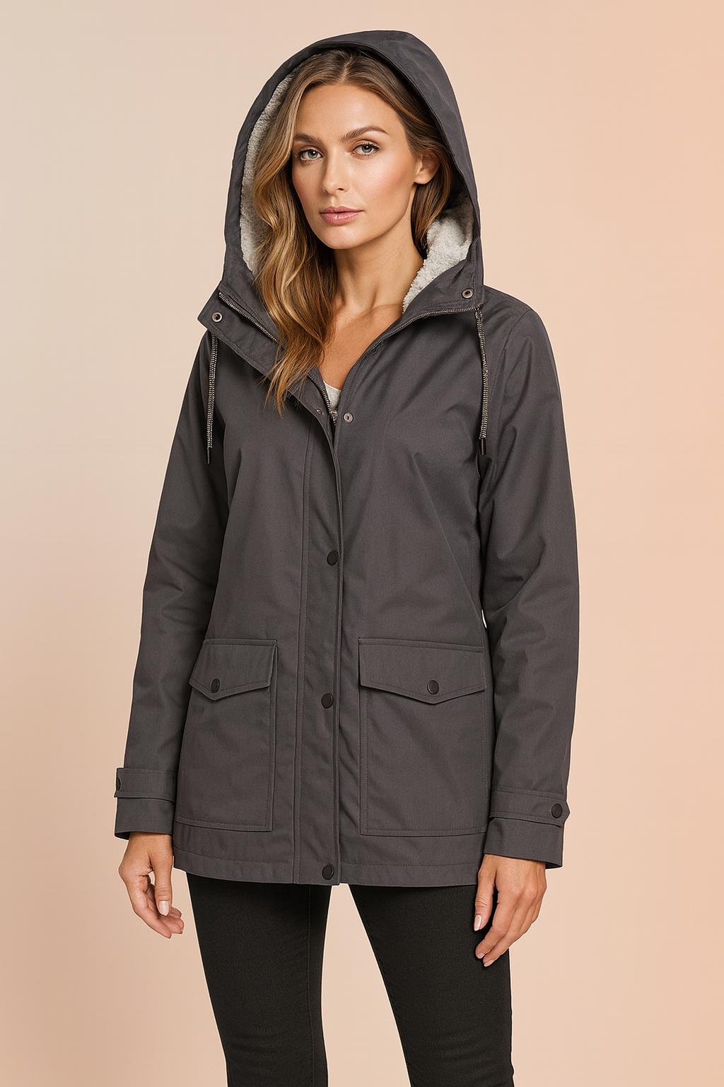 Full body shot of a woman in a comfortable, hooded mid-length utility jacket.