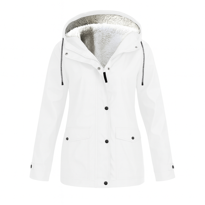 Cozy women's winter jacket with a stylish hood and practical utility pockets.