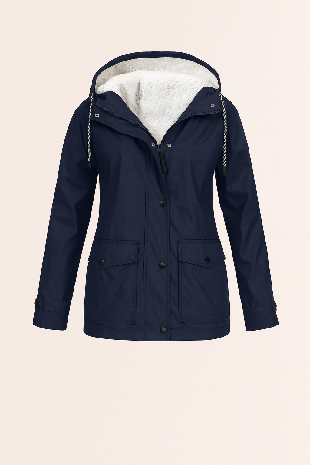 Model wearing a comfortable mid-length women's utility jacket in a casual outdoor setting.