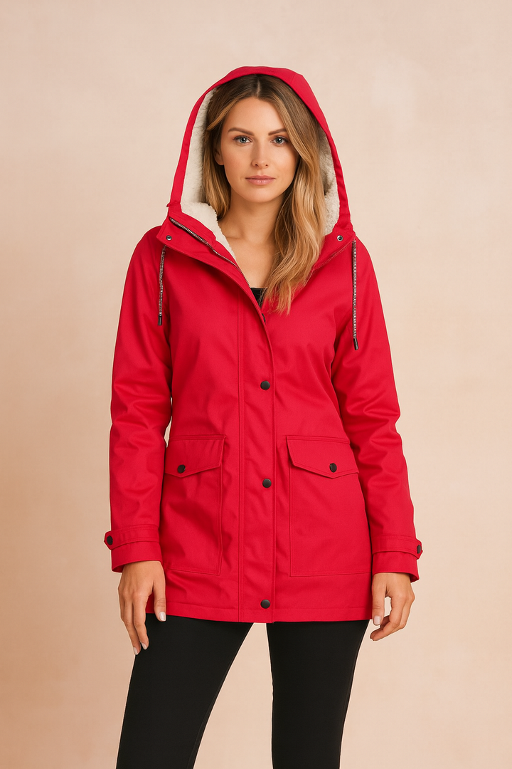 Front view of a stylish women's hooded winter jacket, showcasing its versatile design.