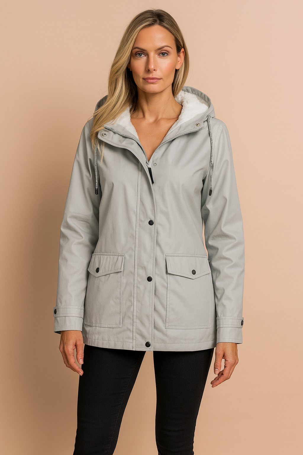 Back view of a warm women's utility jacket, highlighting its mid-length cut.