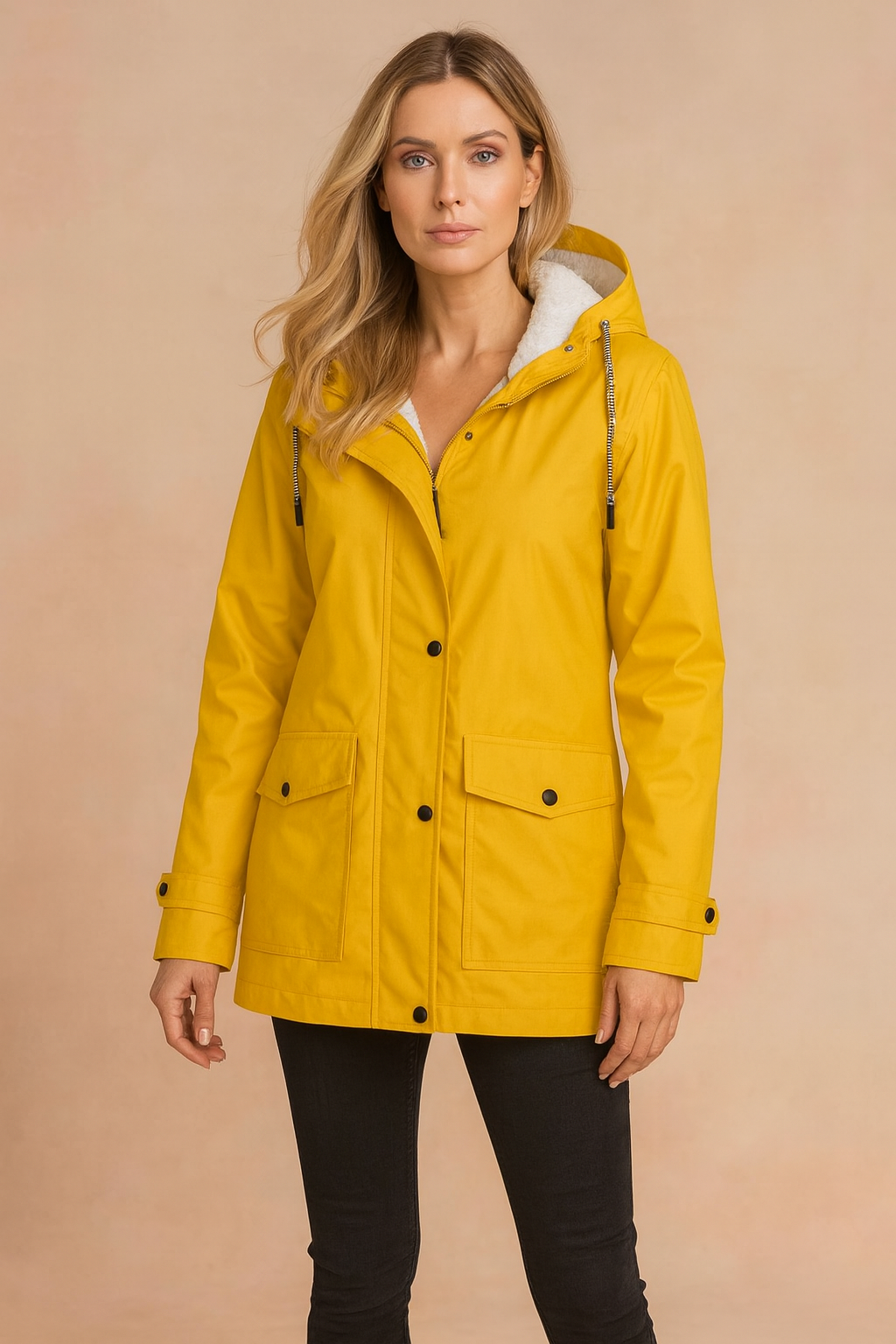 Detailed shot of the hood and zipper on a women's casual outdoor winter jacket.