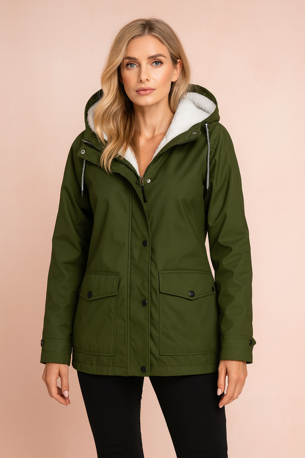 Women's warm winter jacket in olive green, ideal for casual and outdoor activities.
