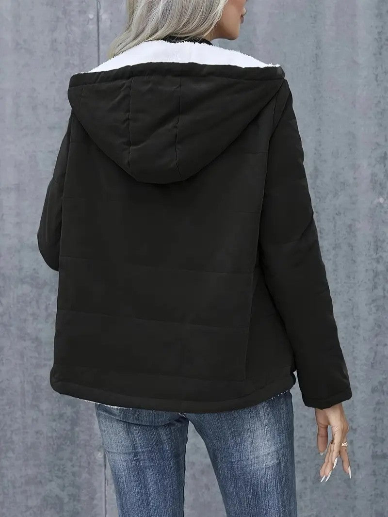 Fashionable women's outerwear: a hooded, lined jacket for chilly days.