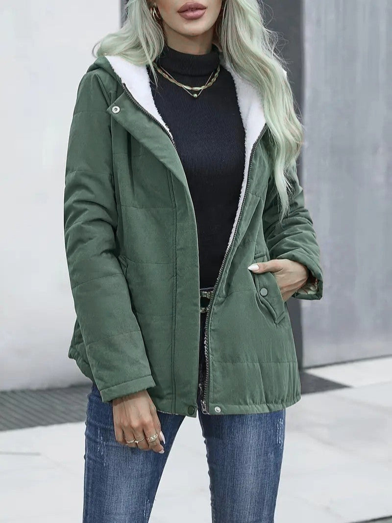 Detail of the hood adjustment on a women's lined casual jacket.