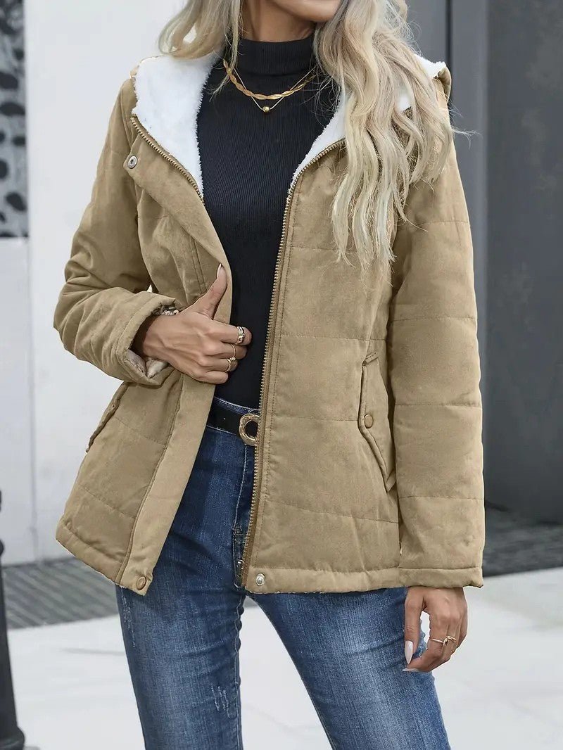 Detailed view of the zipper and hood on a women's warm winter jacket.