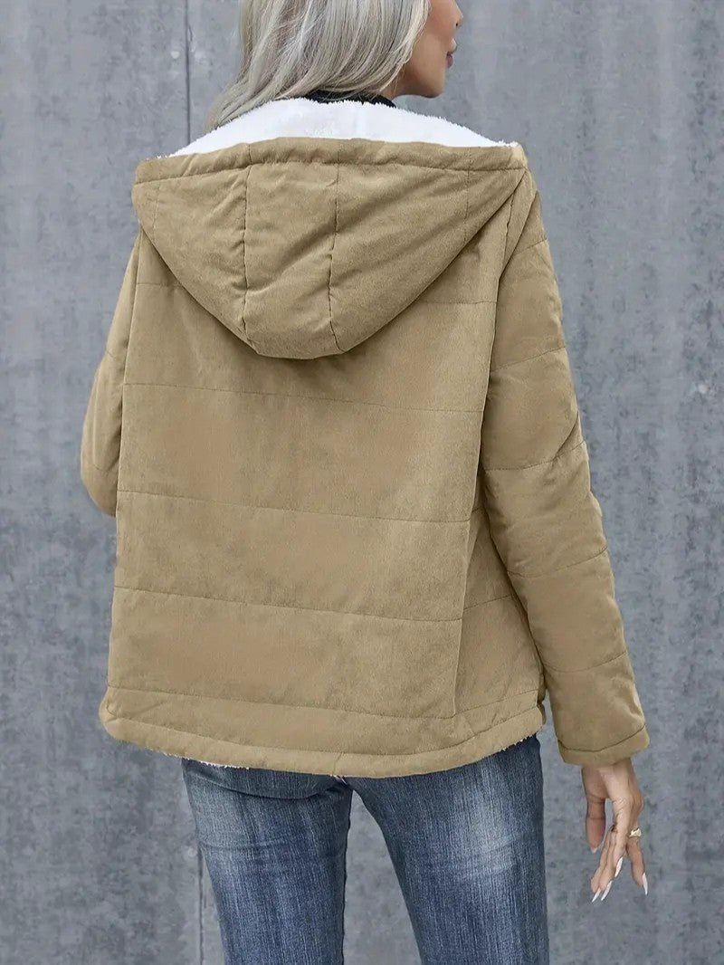 Casual women's fall fashion: a comfortable hooded zip-up lined jacket.