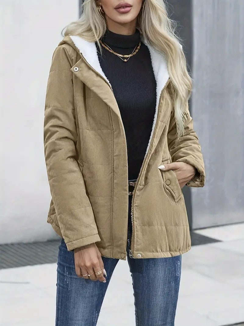 Durable women's winter coat, zip-up style with insulating lining and hood.