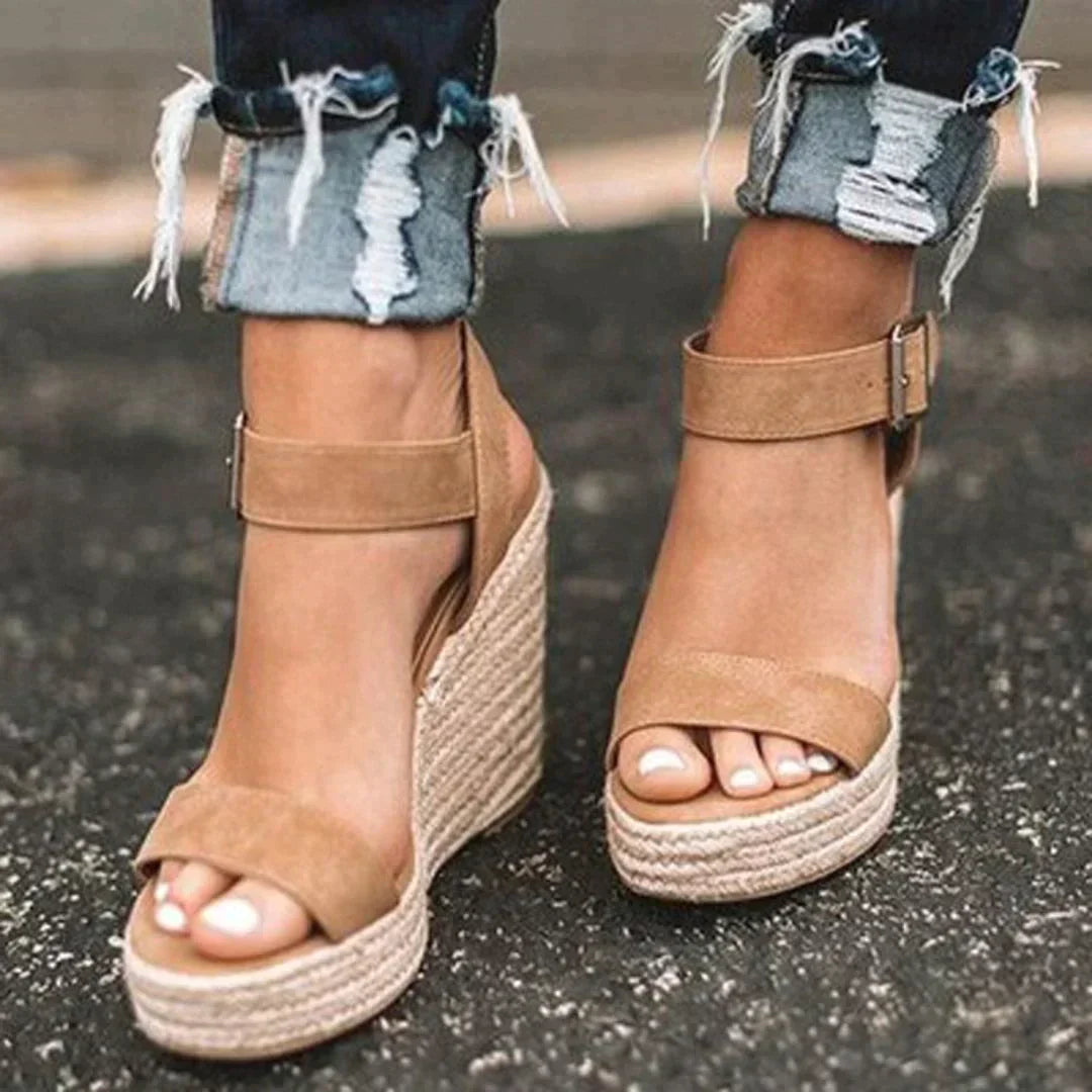 Women's Joyce black espadrille wedge sandals with open toe and ankle strap, perfect for summer fashion.