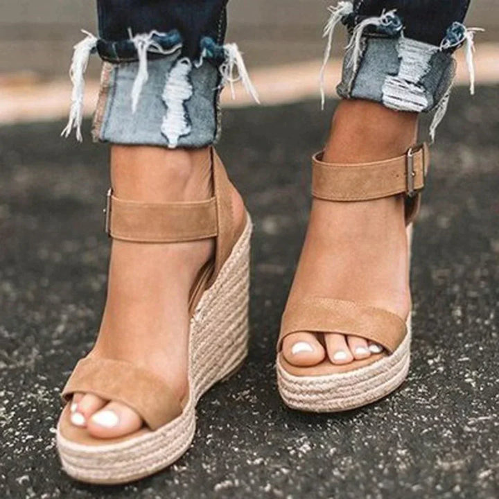 Women's Joyce black espadrille wedge sandals with open toe and ankle strap, perfect for summer fashion.