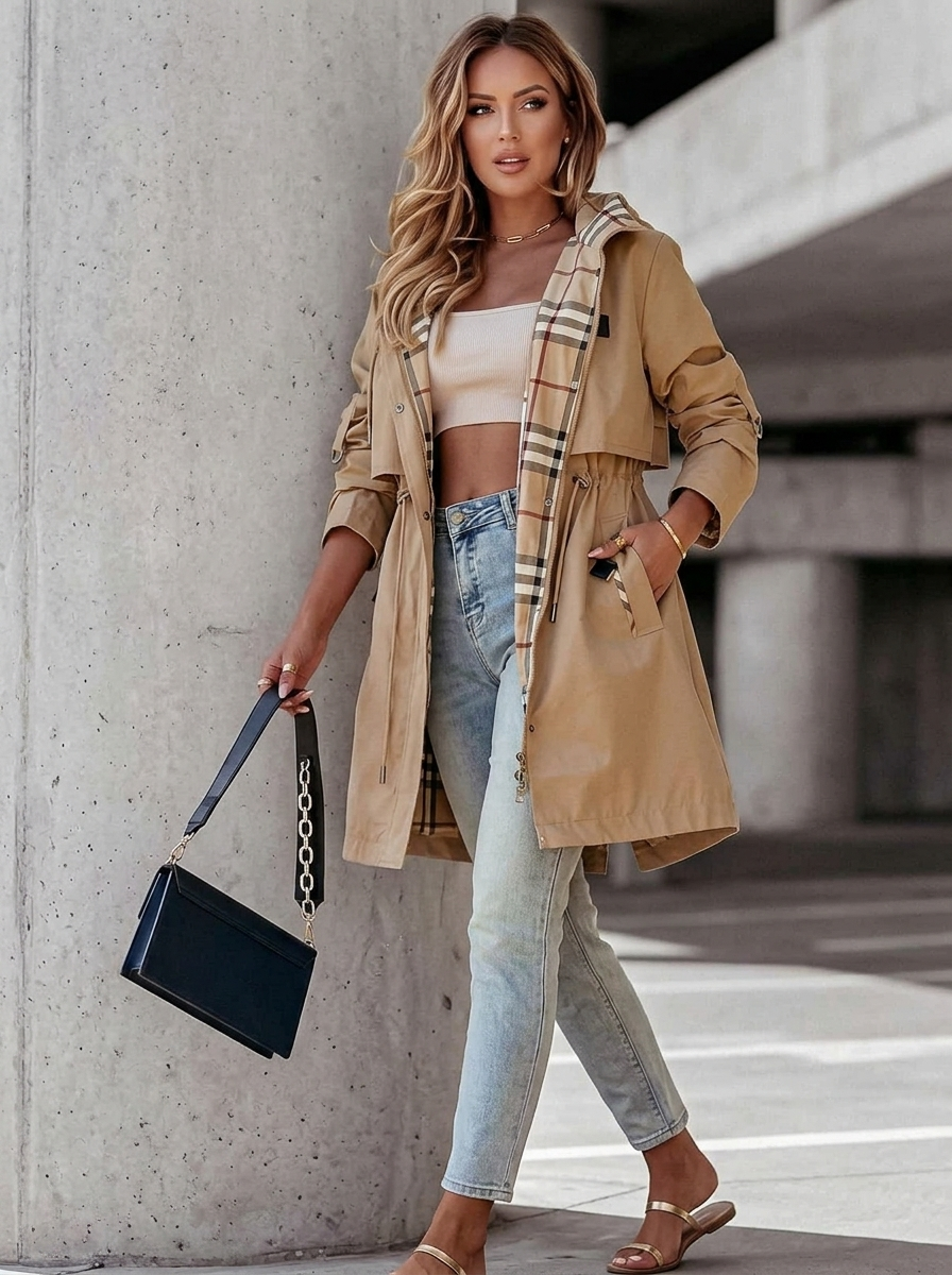Stylish women's hooded rain jacket; khaki long trench coat with drawstring waist & subtle plaid lining detail.