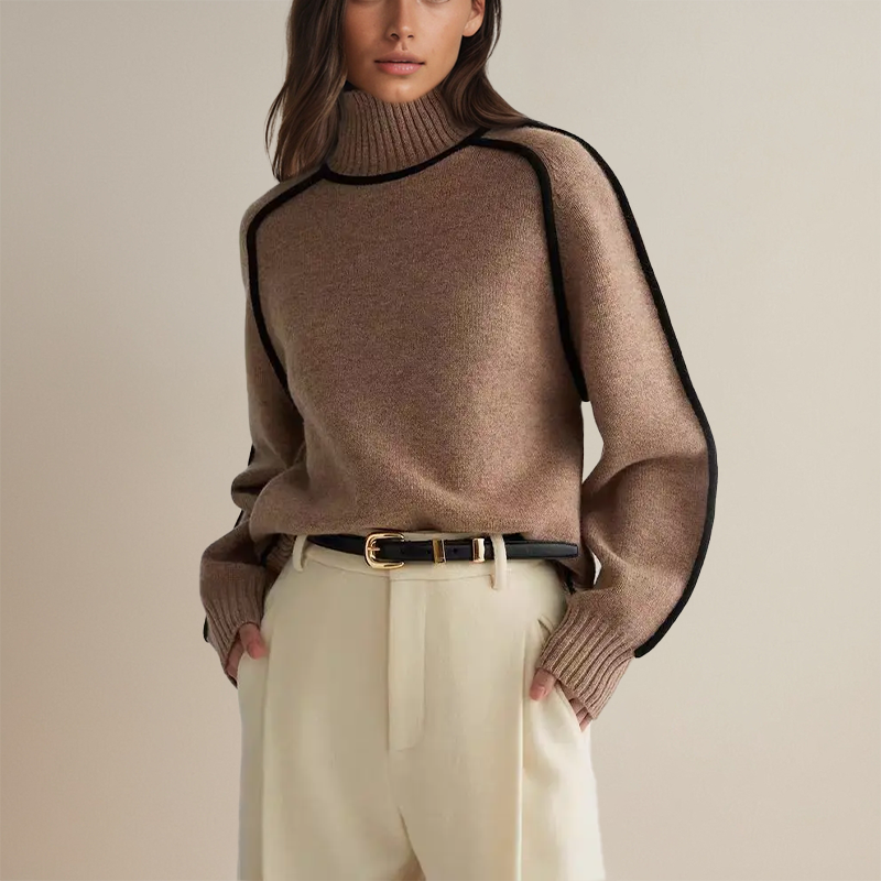 Women's knitted turtleneck jumper with stylish contrast trim. Oversized, relaxed fit for casual wear.