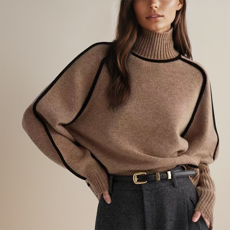 Chic women's oversized turtleneck jumper, contrast trim detail. Perfect for winter fashion & office chic.