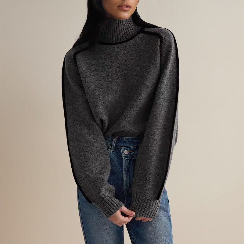 Versatile women's knitted turtleneck jumper, contrast trim. Oversized style for casual or office wear.
