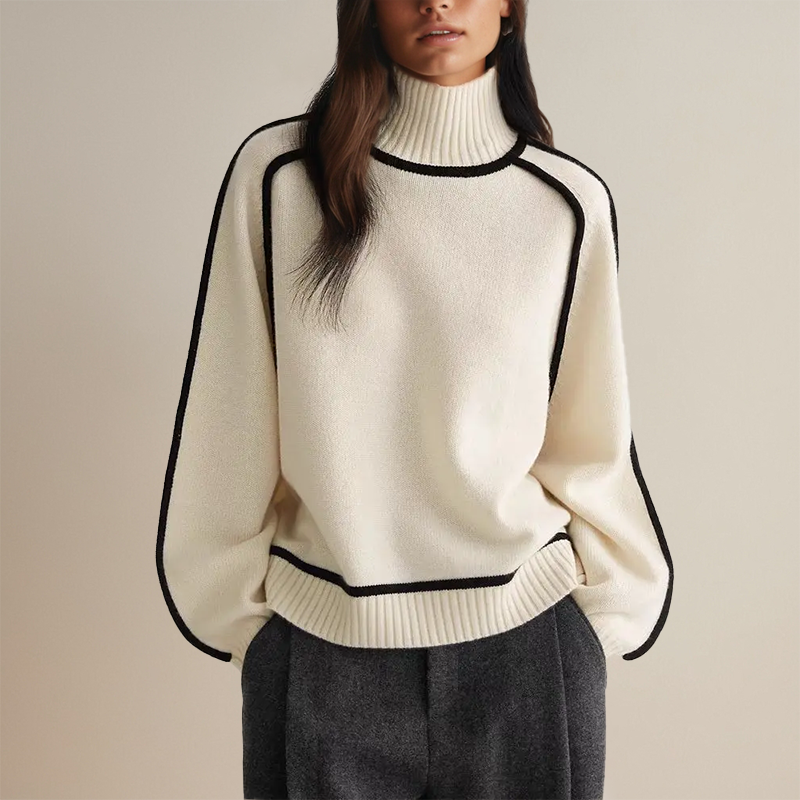 Women's oversized turtleneck jumper featuring unique contrast trim. Chic & warm winter fashion essential.