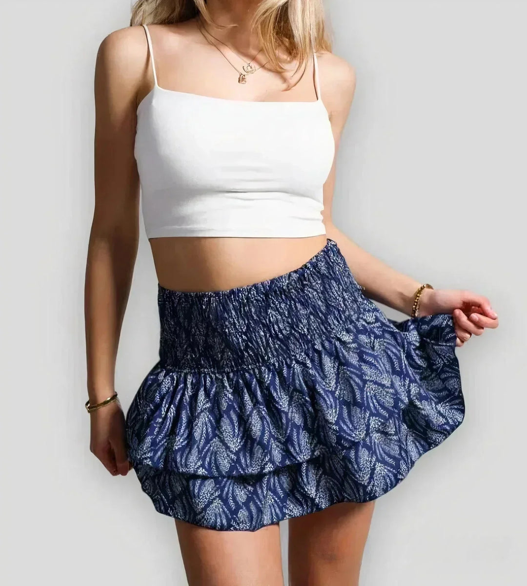 Flattering layered A-line mini skirt for women, designed for ultimate comfort and summer style. Casual bottom.