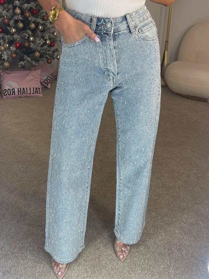 Fashion-forward women's diamanté jeans in a light blue wash, straight leg fit.