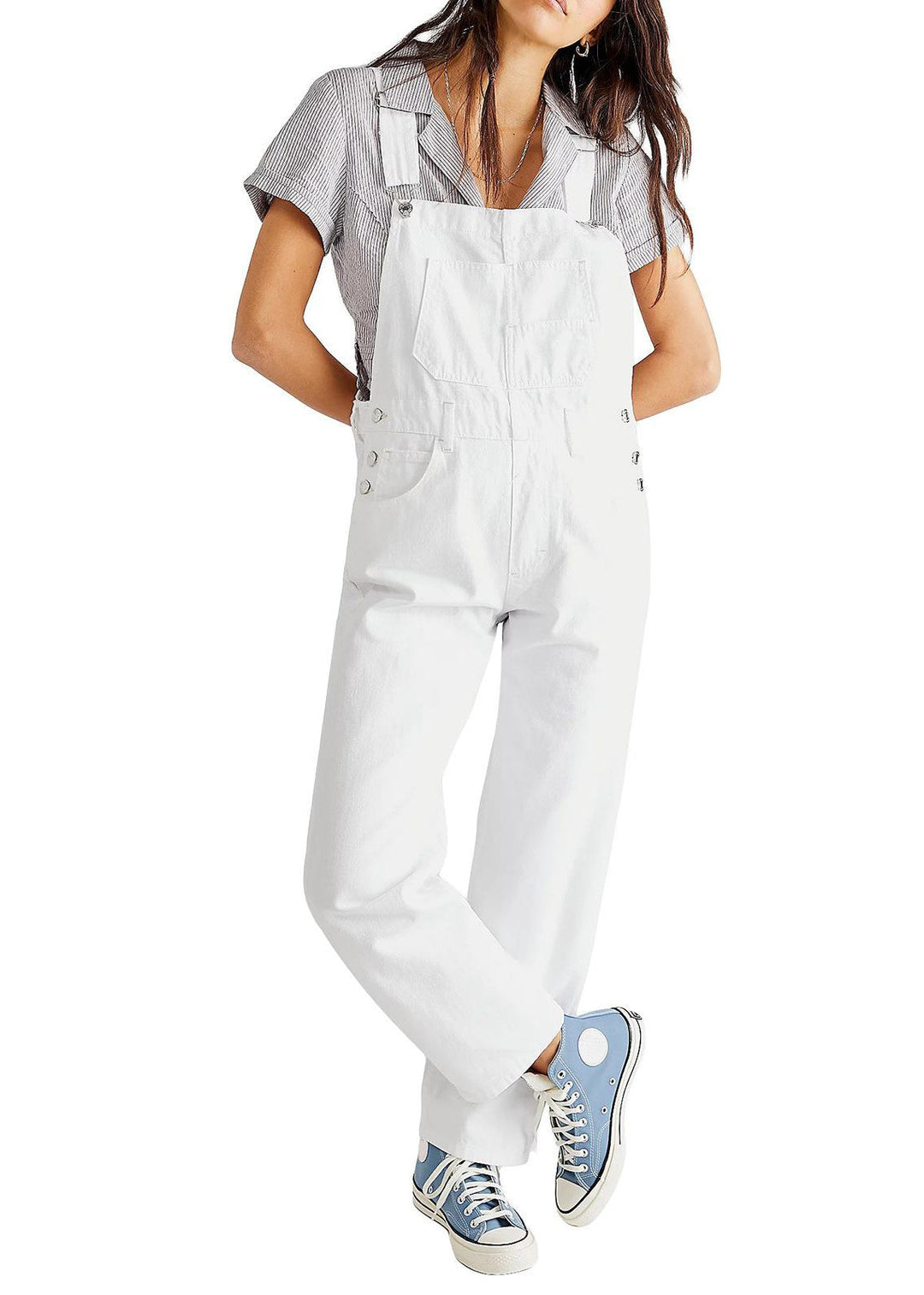 Stylish denim blue women's jumpsuit with a comfortable straight leg fit.