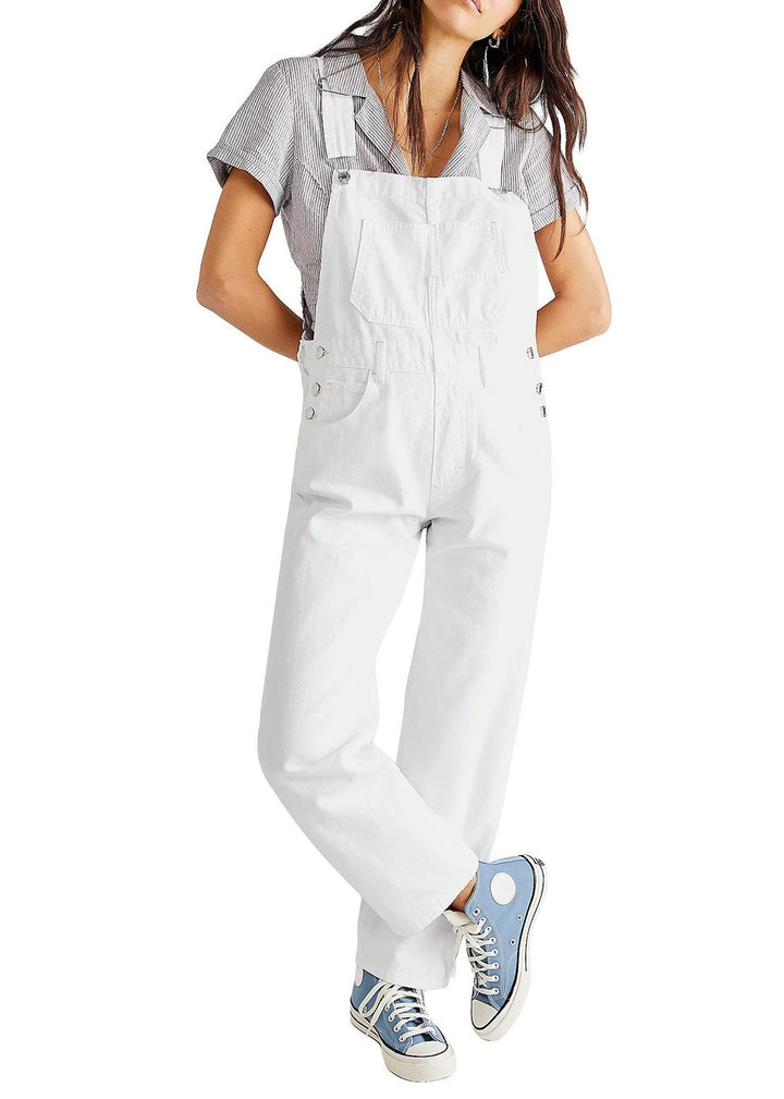 Stylish denim blue women's jumpsuit with a comfortable straight leg fit.