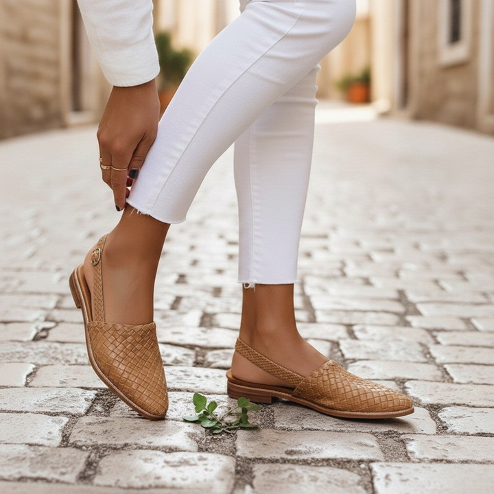 Effortless light brown artisanal woven loafers for women, combining style and comfort.