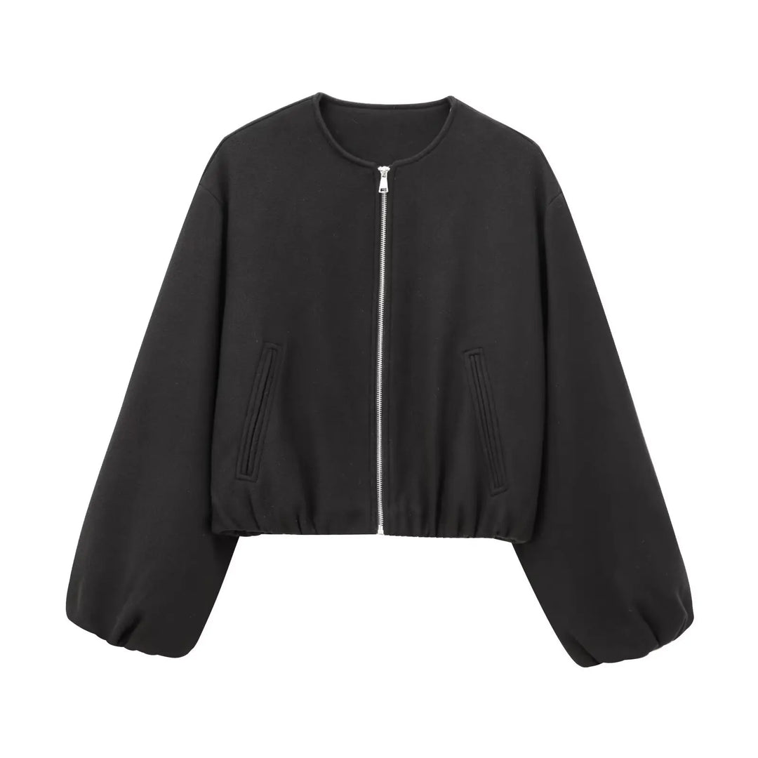 Chic women's cropped bomber jacket, a versatile piece of modern outerwear with balloon sleeves.
