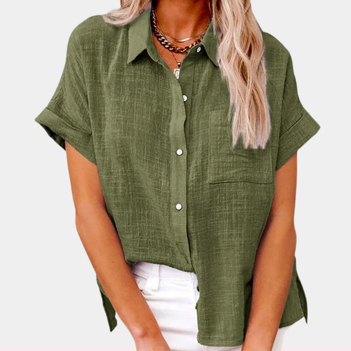 Casual chic women's lightweight button-up shirt. Comfortable long sleeve top for everyday elegance.