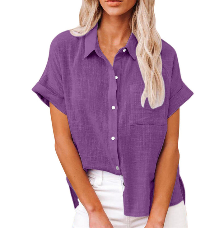 Everyday elegant women's lightweight button-up shirt. Comfortable long sleeve top with front pocket.