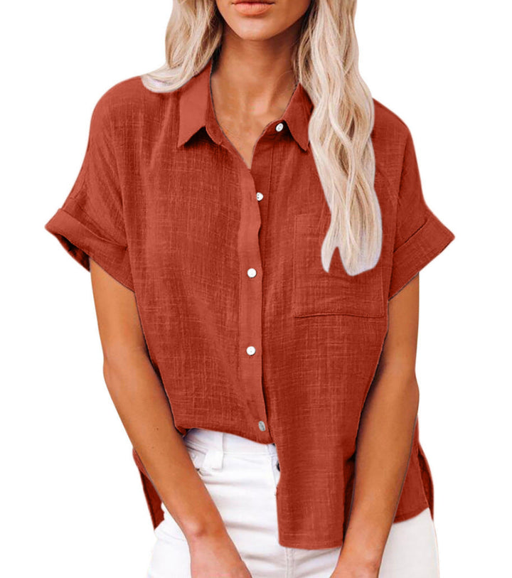 Comfortable women's lightweight long sleeve button-up shirt. Versatile top with front pocket for all occasions.