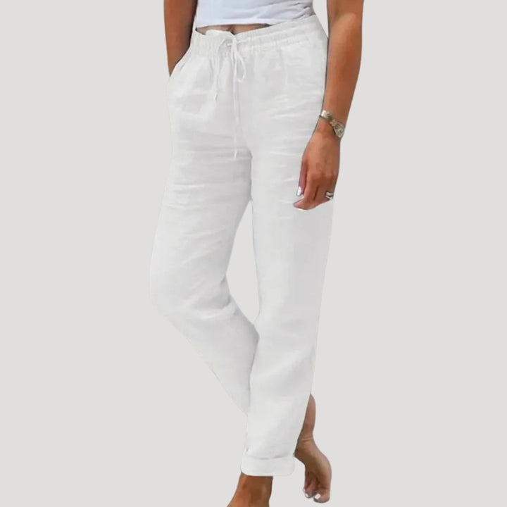 Stylish women's lightweight linen trousers, ideal for casual summer outfits & ultimate breathable comfort.