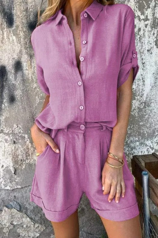 Front view of women's lightweight shorts & top set, ideal for a relaxed summer look.