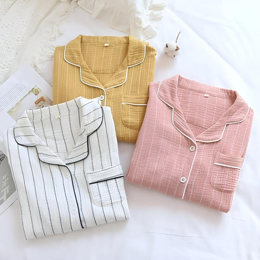 Women's lightweight striped cotton gauze nightgown, breathable sleepwear for comfortable summer nights.