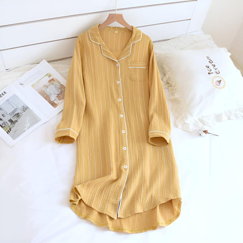 Relaxed fit striped cotton gauze nightgown for women, comfortable loungewear & breathable summer sleepwear.