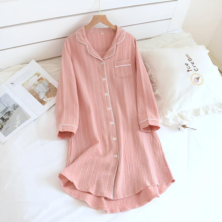 Comfortable women's striped cotton gauze nightgown, lightweight and breathable summer sleepwear, plus size friendly.