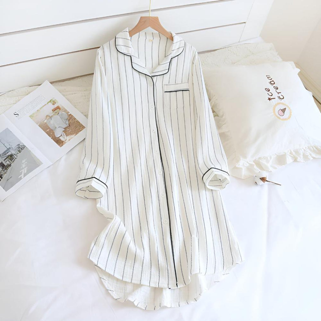 Women's lightweight striped cotton gauze nightgown; soft, breathable & relaxed fit for cozy sleep and loungewear.