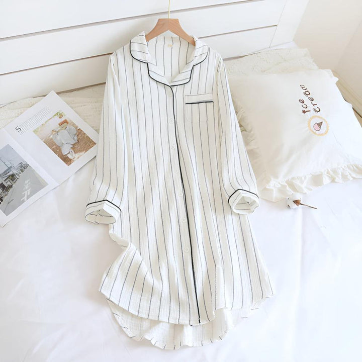 Women's lightweight striped cotton gauze nightgown; soft, breathable & relaxed fit for cozy sleep and loungewear.