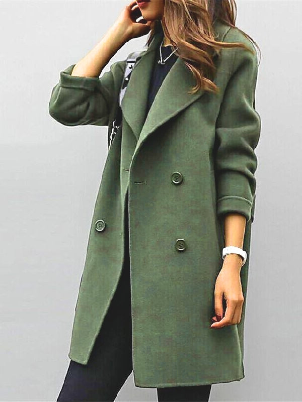 Women's long double-breasted lapel trench coat in army green
