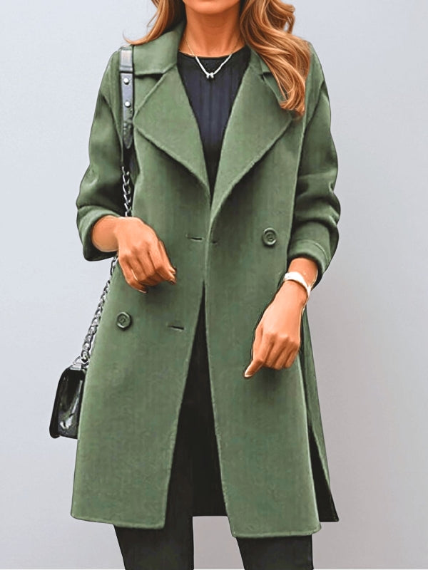 Chic women's black lapel trench coat, long and double-breasted style